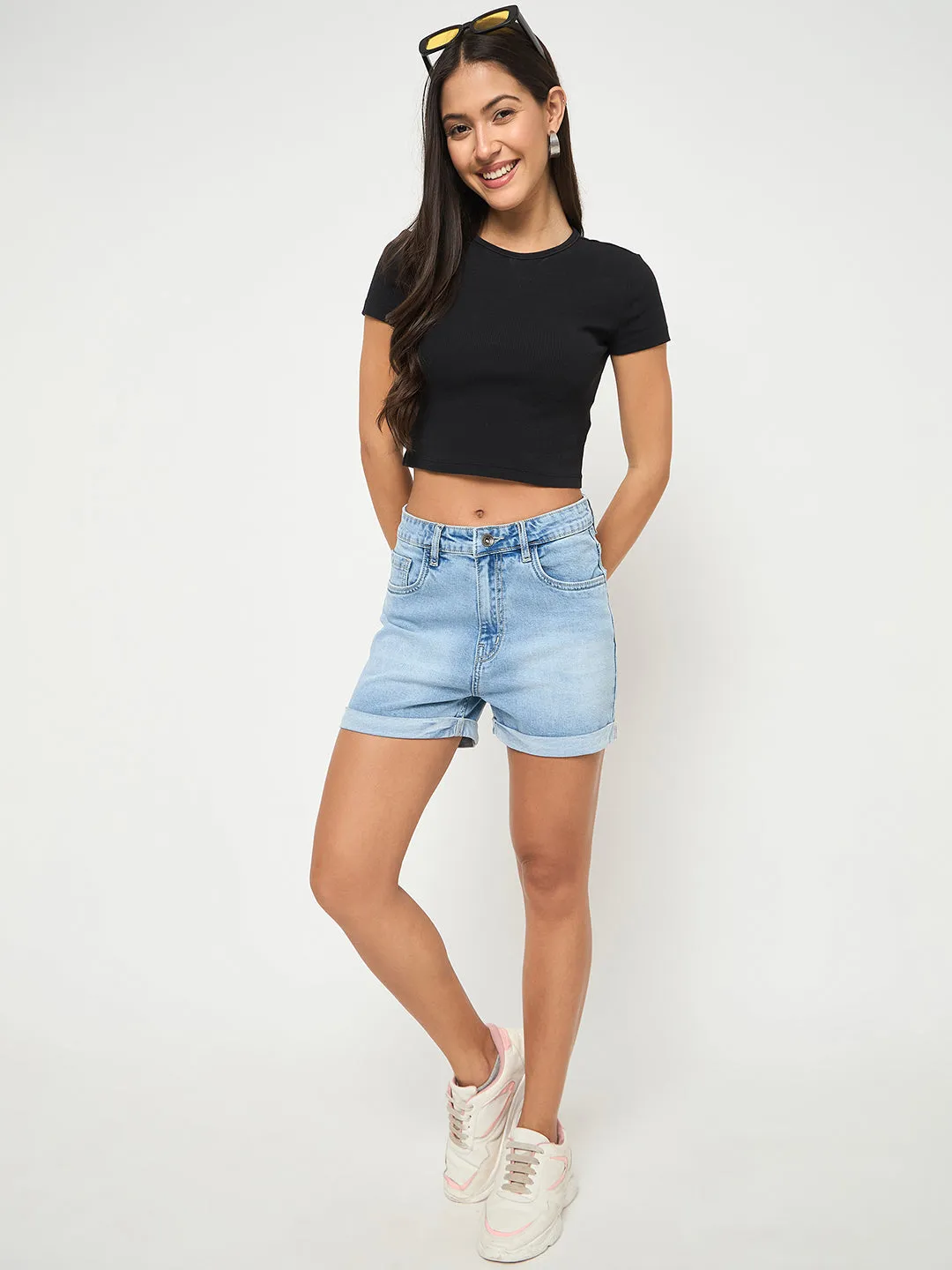 Stylish Dress Madame Rolled Hem Light Blue Cotton Blend Denim Shorts