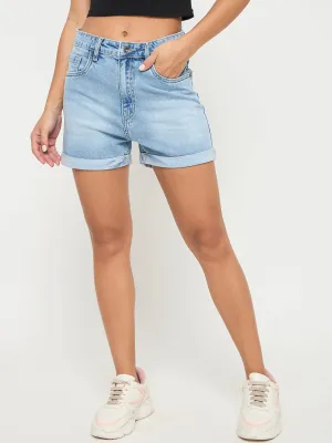 Madame Rolled Hem Light Blue Cotton Blend Denim Shorts FadeResistant Dye Zoom Proper