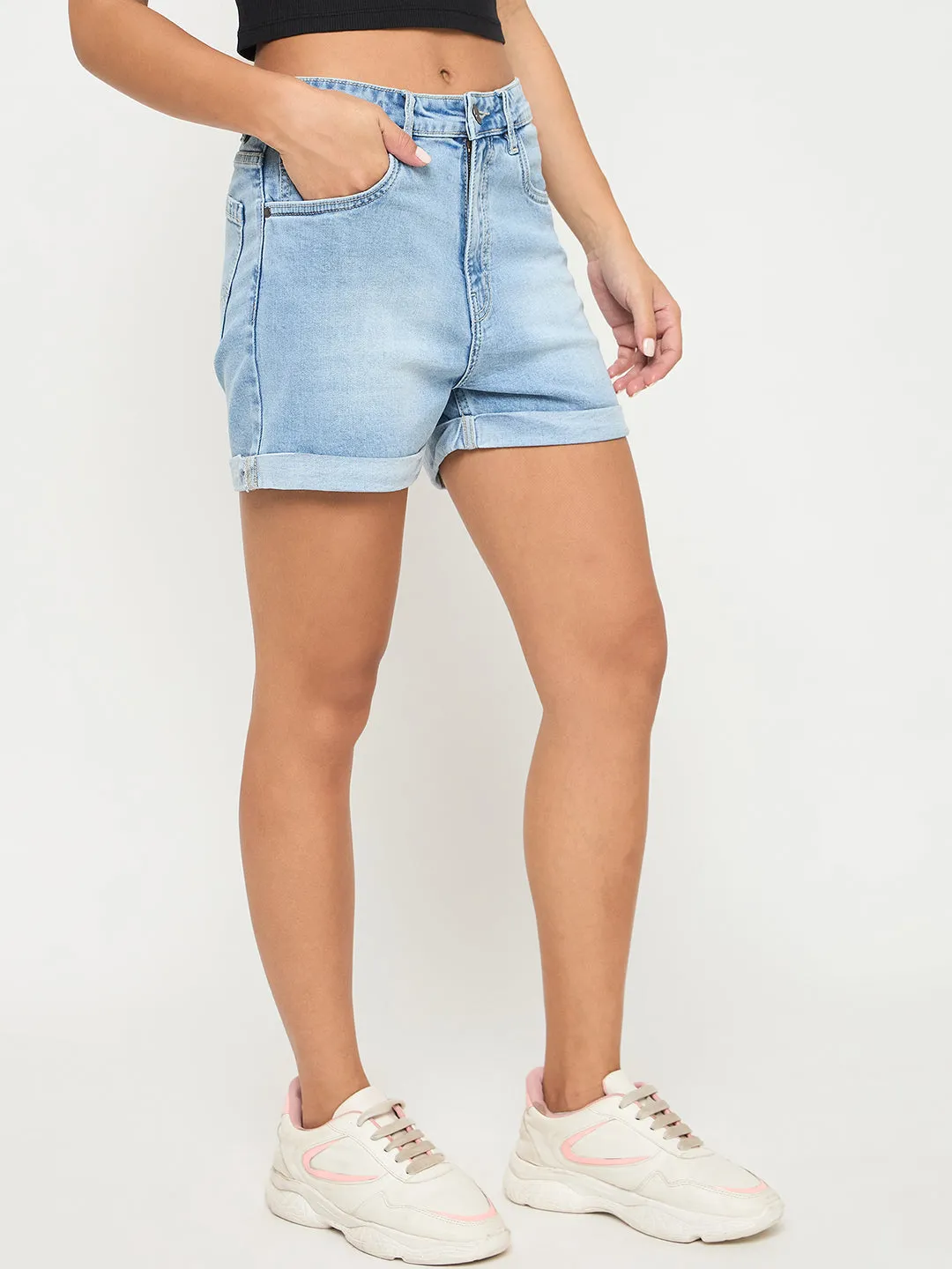 Madame Rolled Hem Light Blue Cotton Blend Denim Shorts Royal Ease