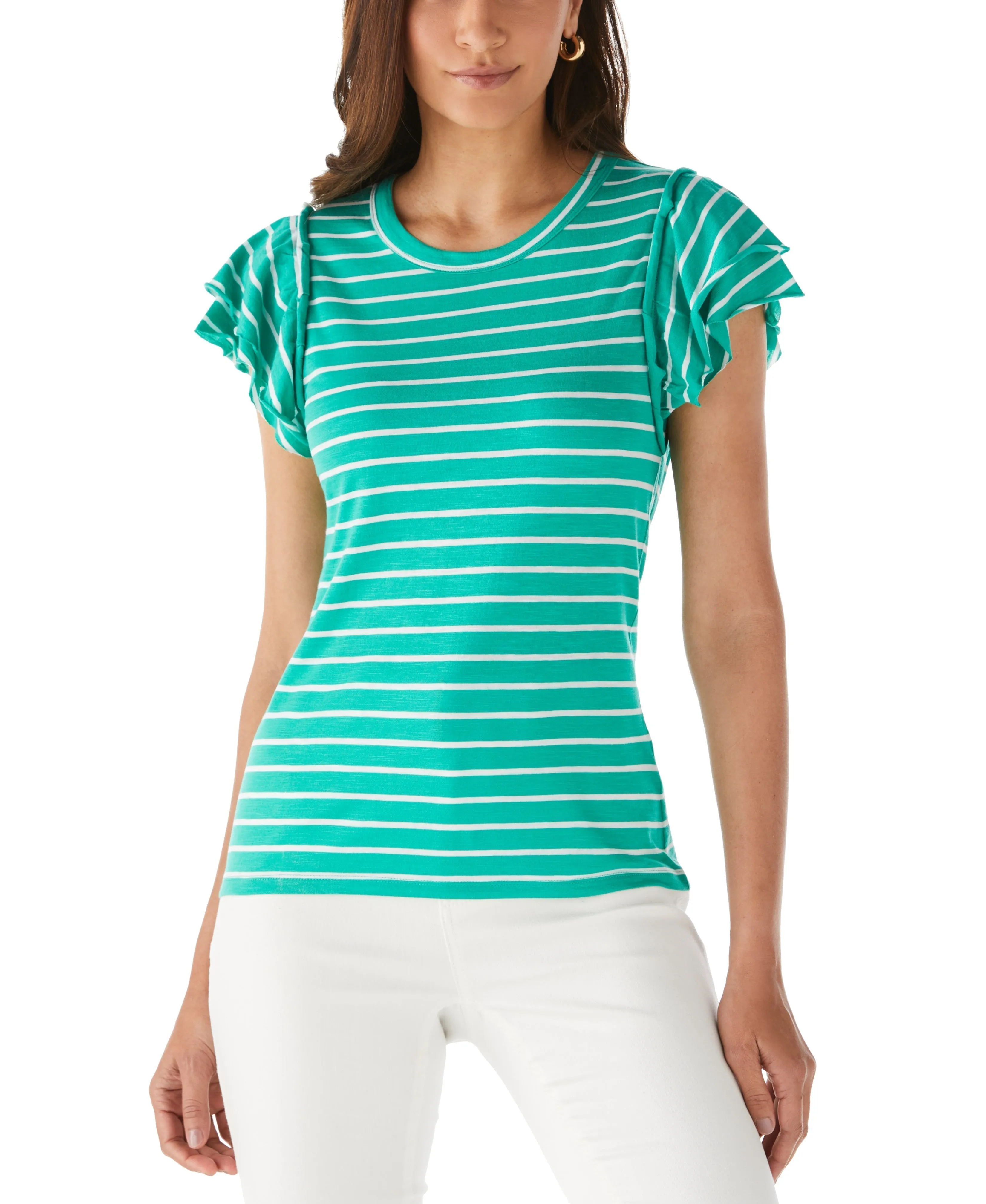 Vented Panels Stripe Ruffle Sleeve Tee