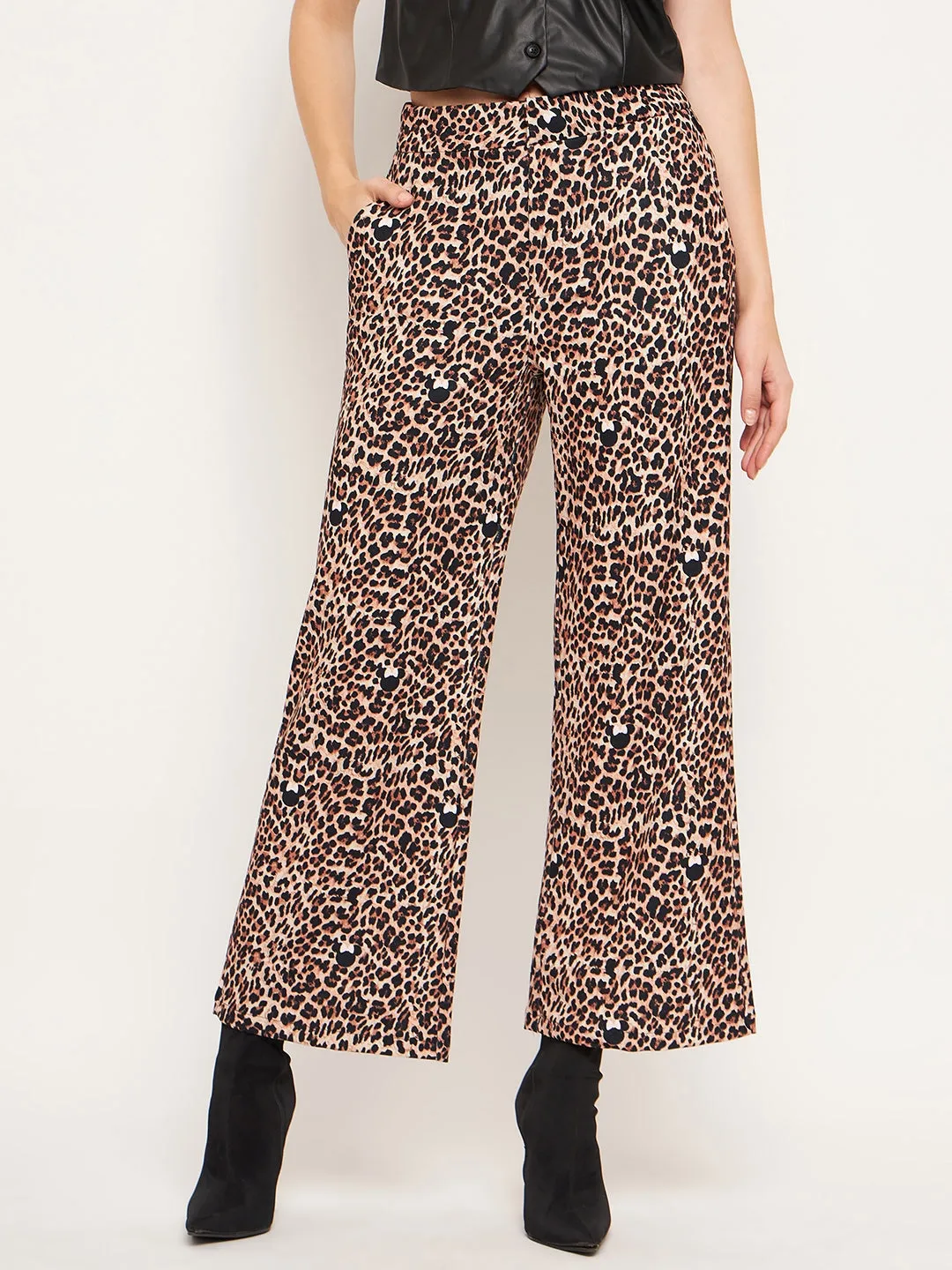 Non Slip Waist Grip ReinforcedSeams Madame Women Printed Brown Trouser