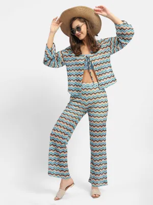 Madame Geometric Print Blue Trouser ElasticCuffs Layered Panel Design