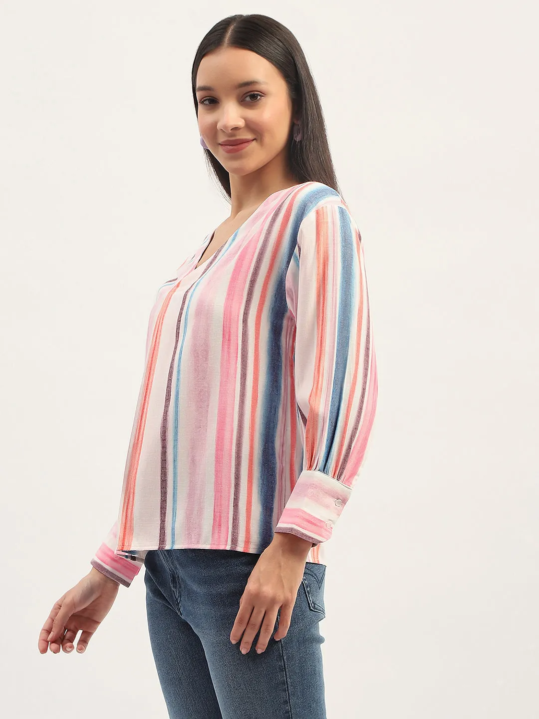 Madame Multicolor Striped V Neck Top TumbleDry Safe Power Vibe