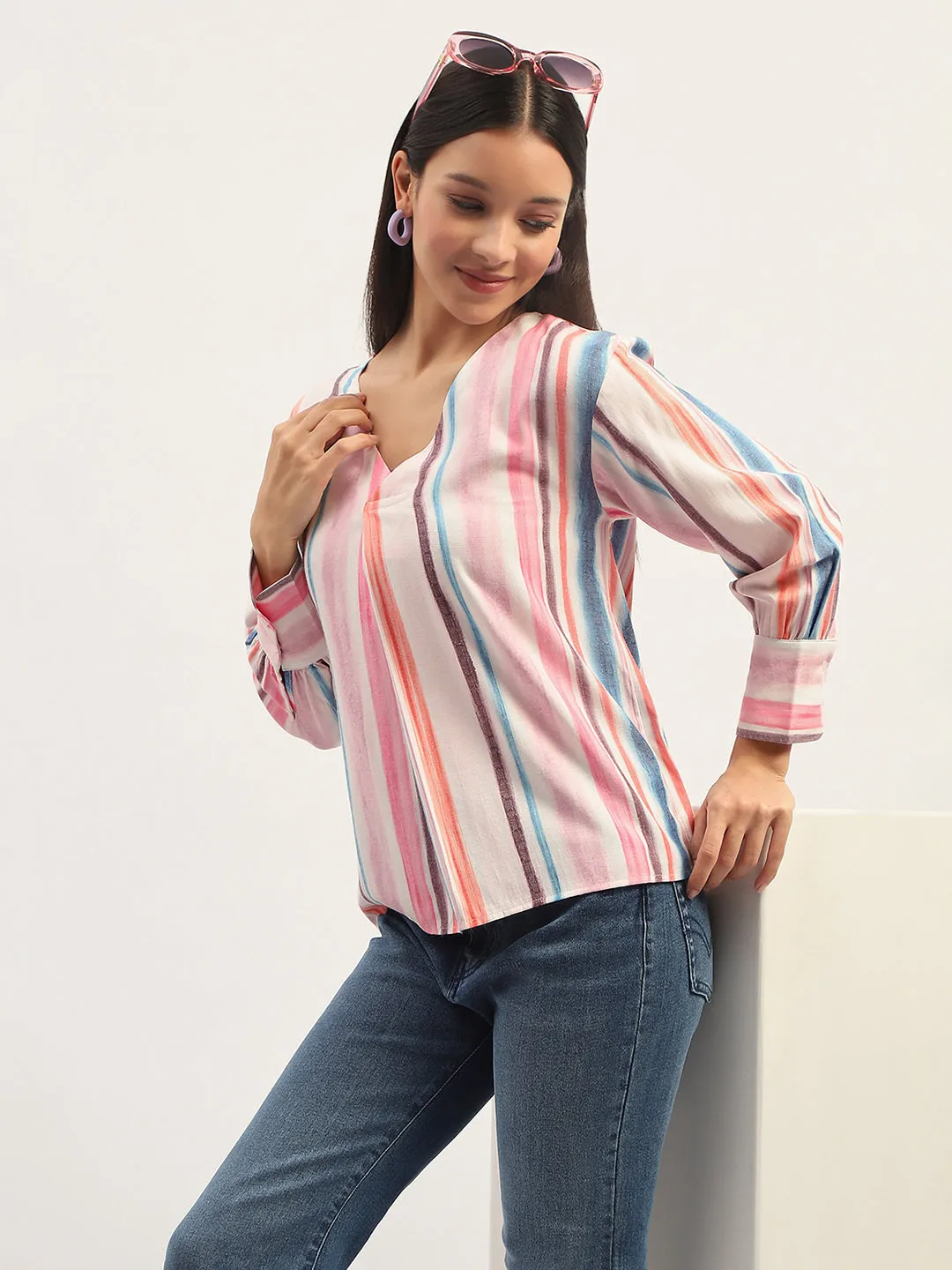 Madame Multicolor Striped V Neck Top Boho Free