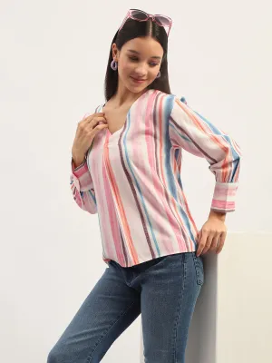 Madame Multicolor Striped V Neck Top Boho Free
