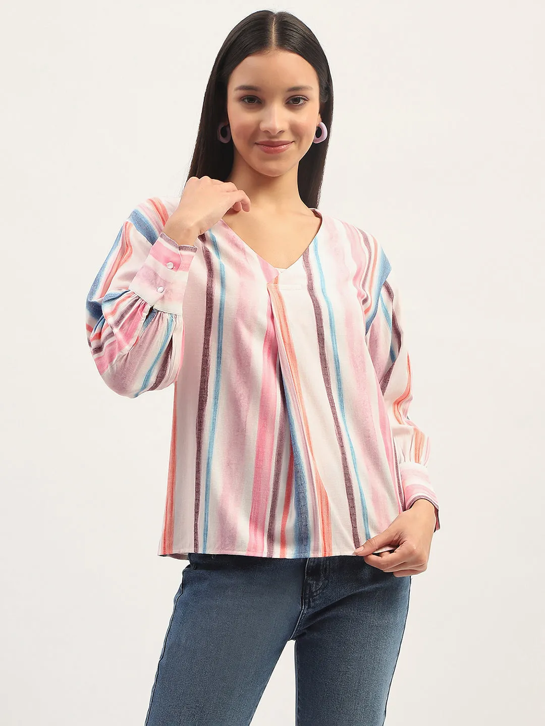 Madame Multicolor Striped V Neck Top Elegant Skirt