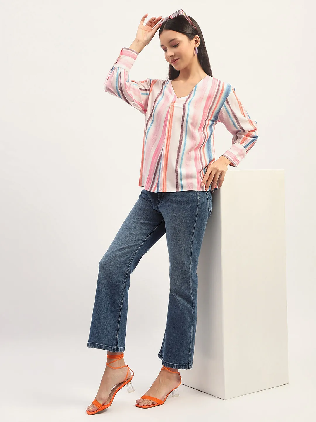 Madame Multicolor Striped V Neck Top Silk Glow SweatWickingLining