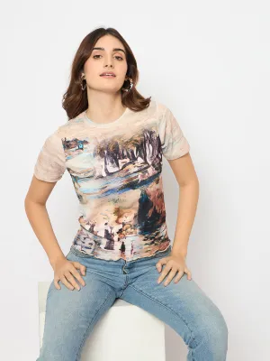 Work Ready Madame Abstract Print Crew Neck Beige Top