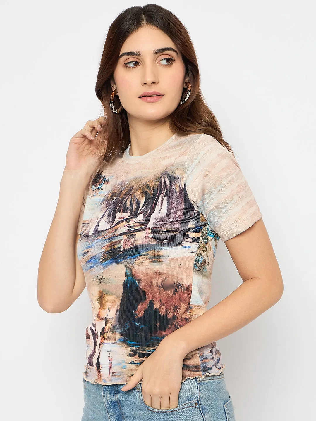 Madame Abstract Print Crew Neck Beige Top QuickRelease Fasteners