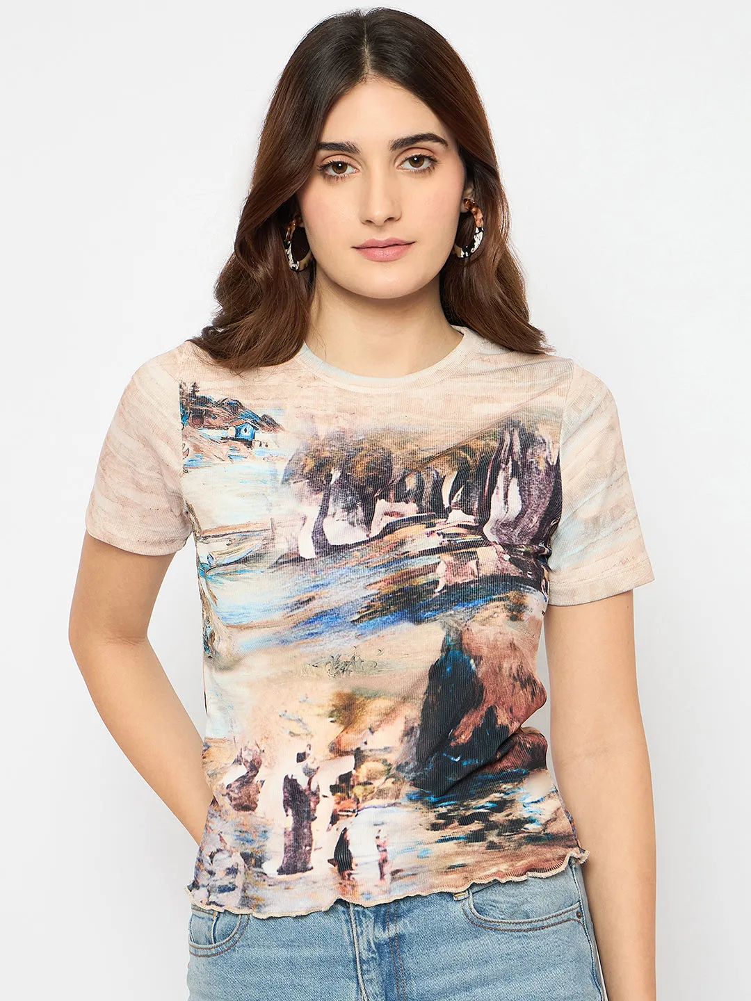 Shape Hug Breathable Lamination Madame Abstract Print Crew Neck Beige Top