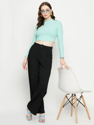 Madame Sea Green Ribbed Crop Top All-Season Wear