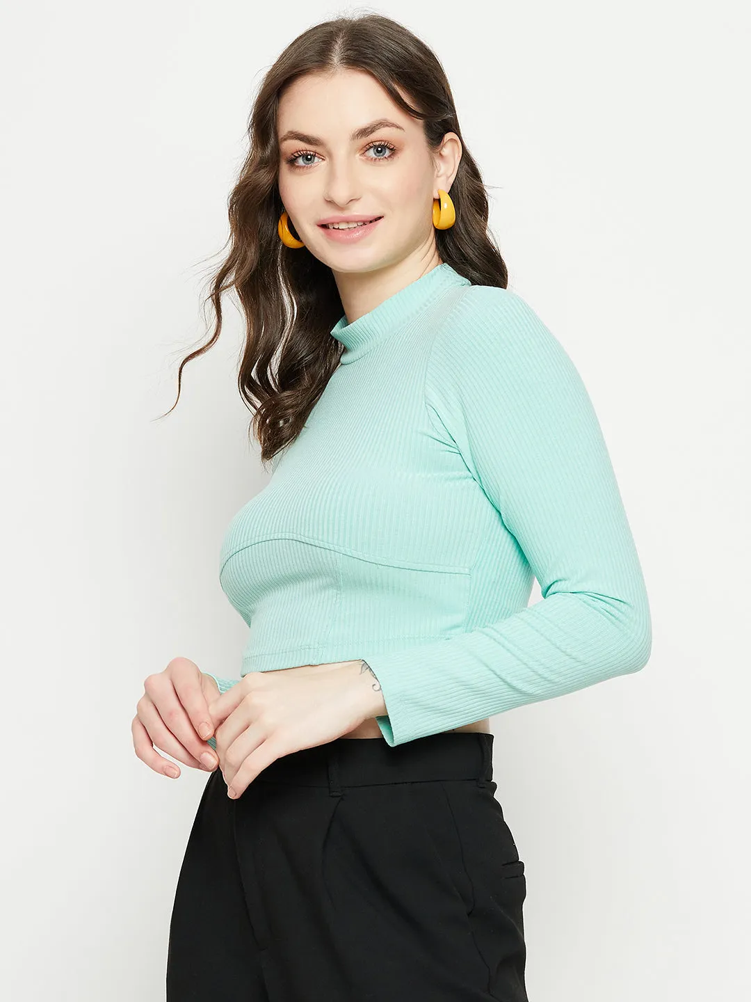 Madame Sea Green Ribbed Crop Top Light Fit