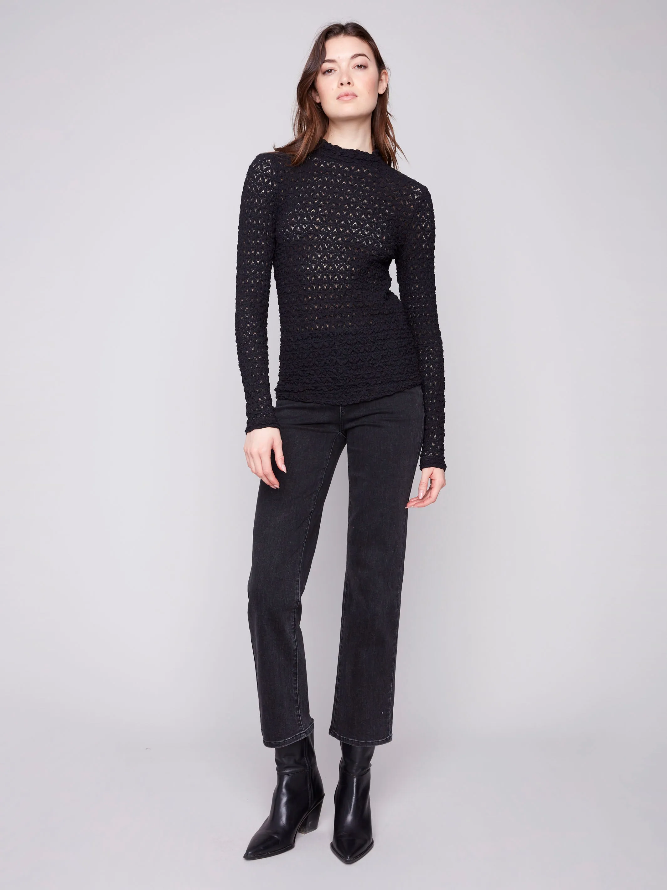 Noble Core Lace Mock Neck Top - Black
