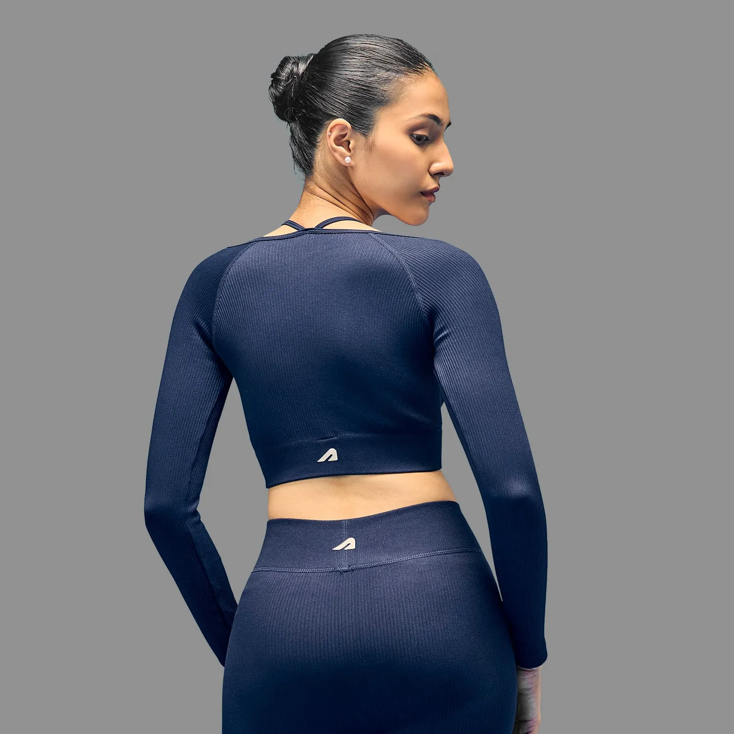 Limitless Snatched ribbed long sleeve top- Navy Blue Colorfast Dye