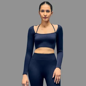 DoubleLayeredHem Limitless Snatched ribbed long sleeve top- Navy Blue