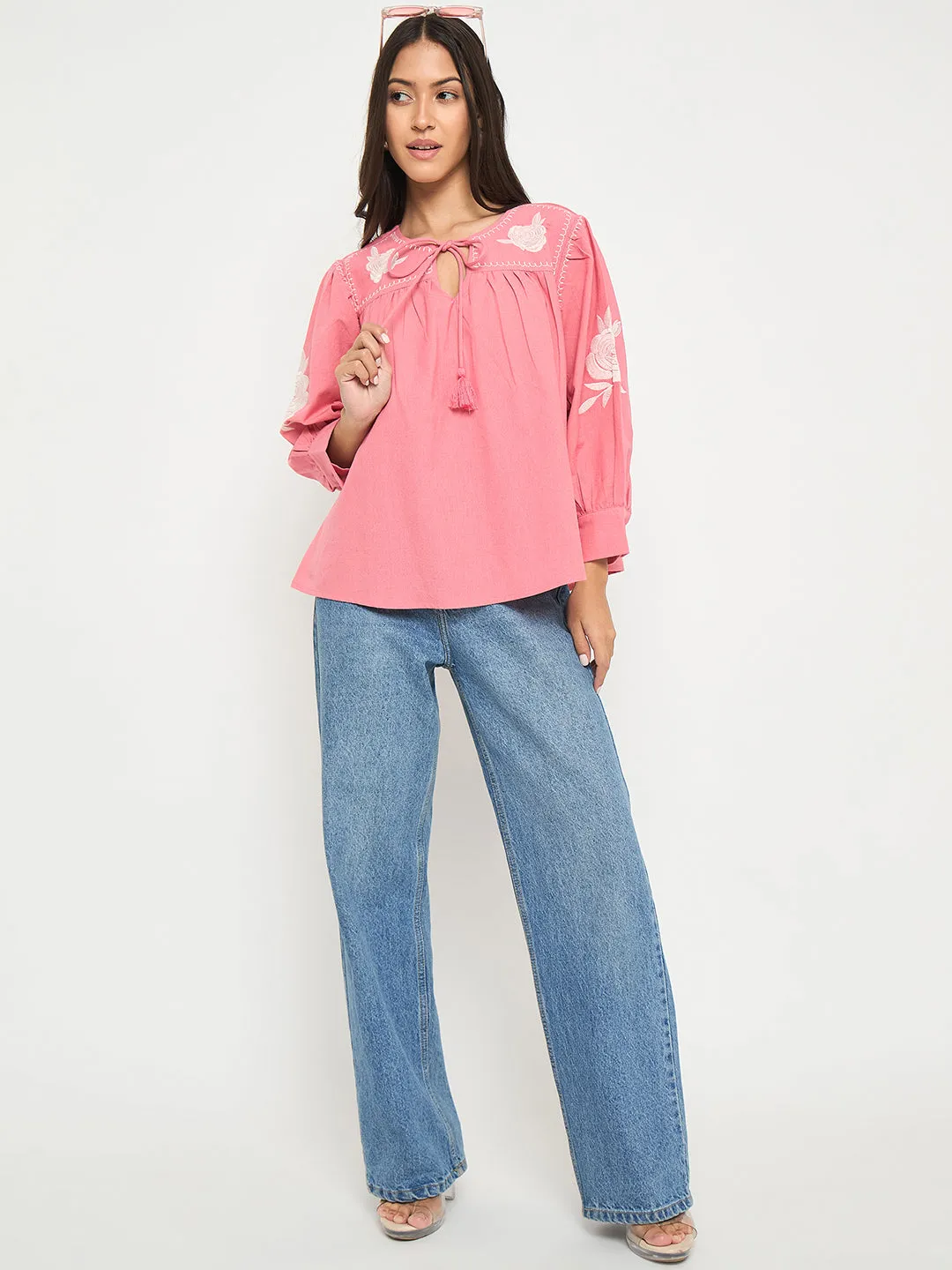 EcoFriendlyMaterial Madame Tie Neck Floral Embroidery Coral Top