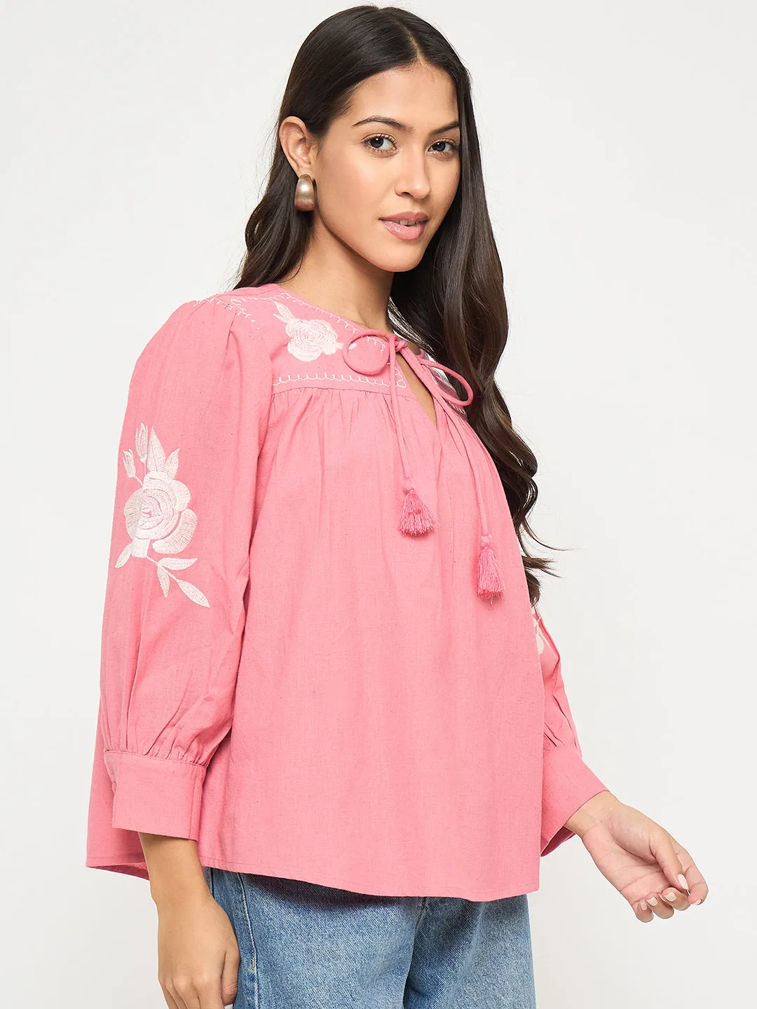 Madame Tie Neck Floral Embroidery Coral Top Warm Vest Urban Wear