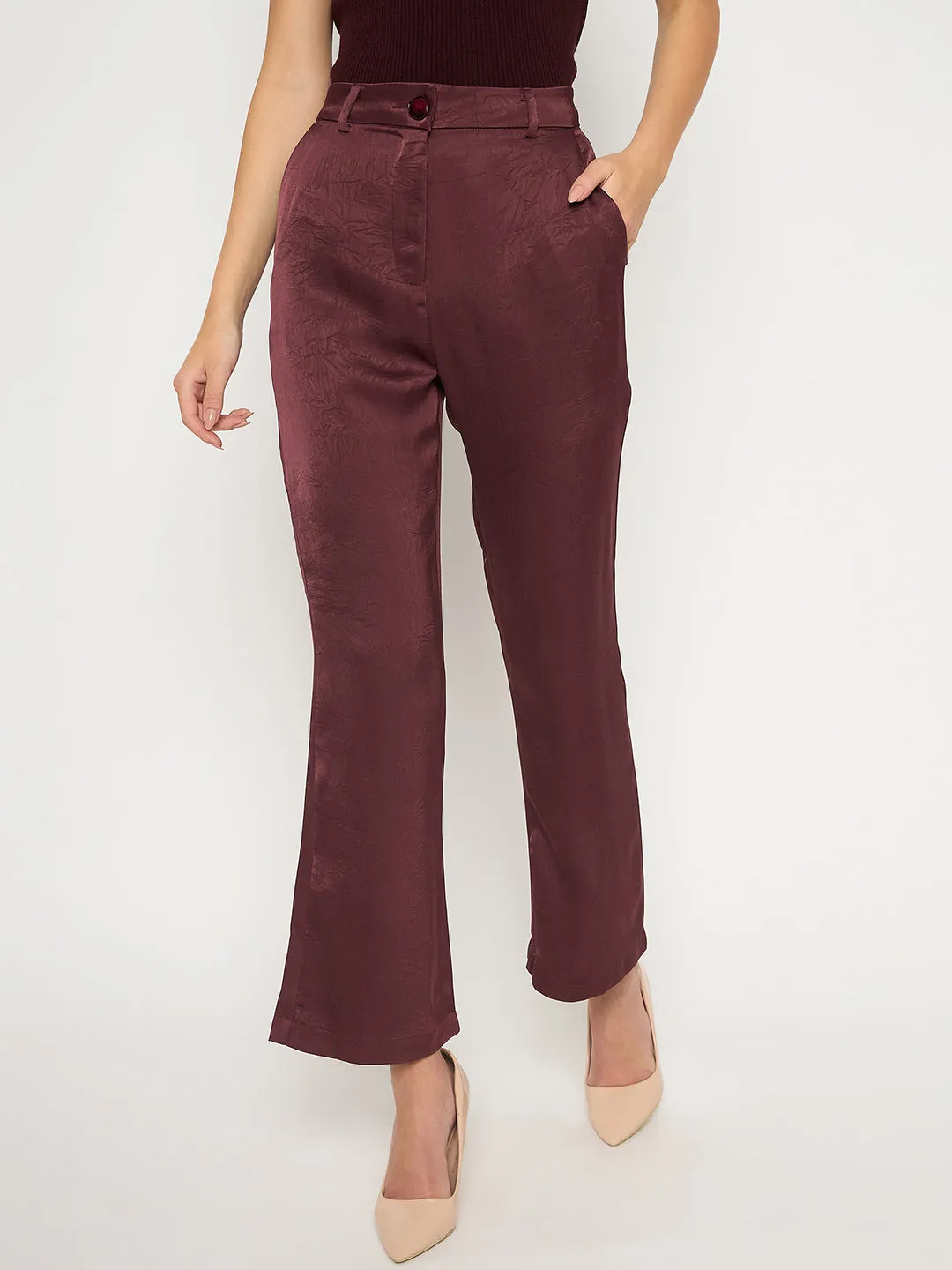 Madame Straight Fit Solid Maroon Trousers UVProtectionCoating