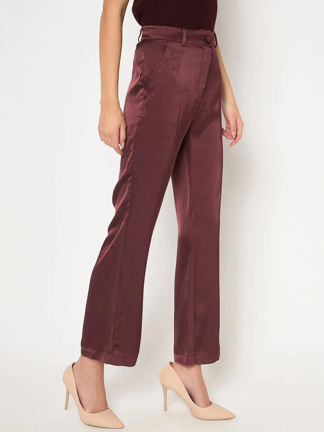 Madame Straight Fit Solid Maroon Trousers Urban Cool Cozy Feel