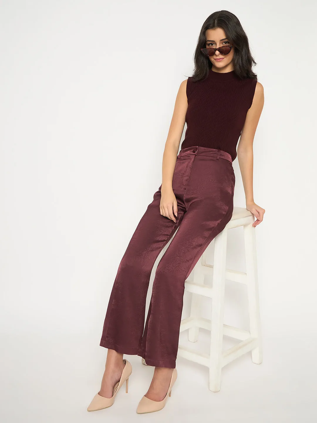 Madame Straight Fit Solid Maroon Trousers Relaxed Style
