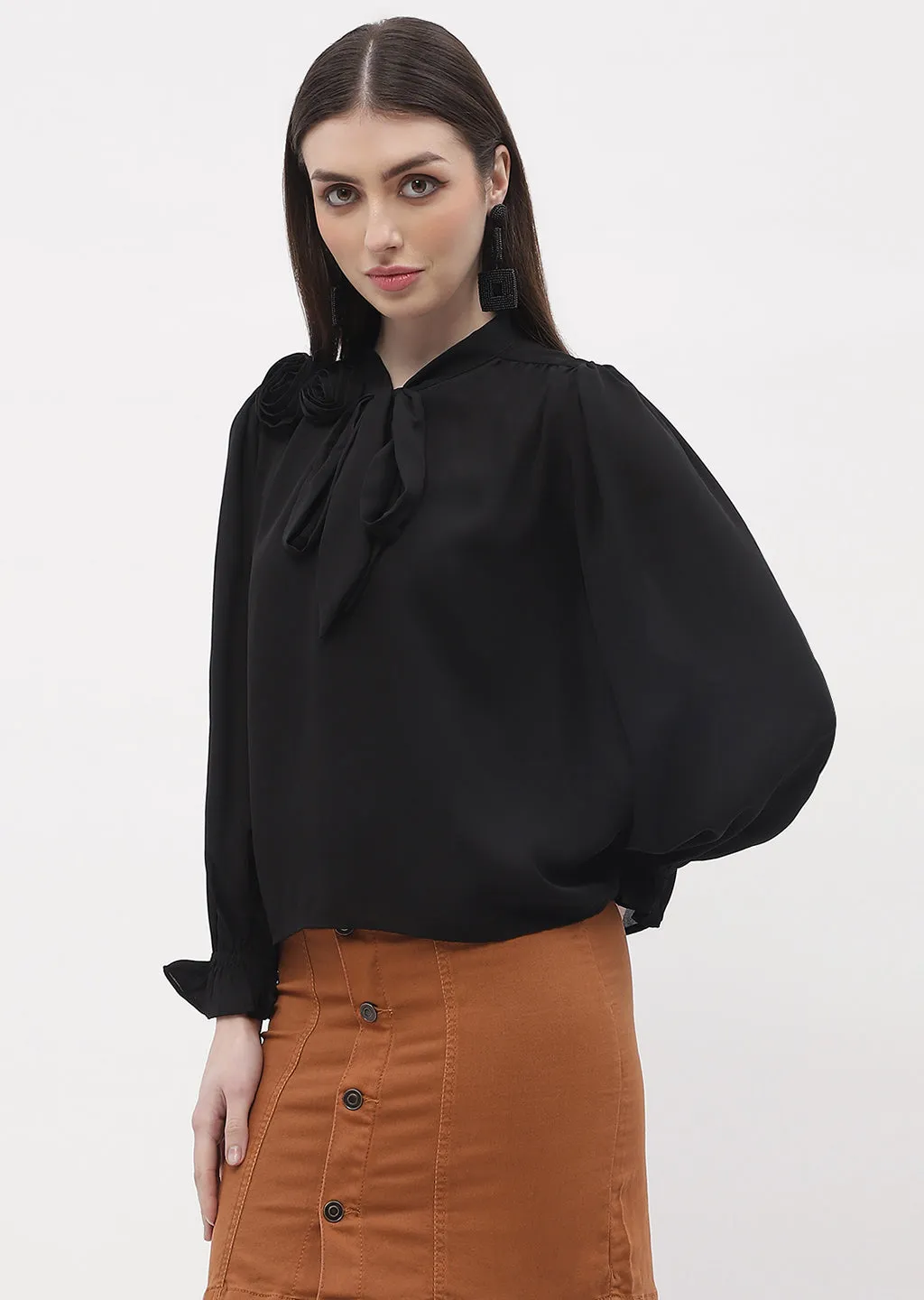 MultiPocketDesign Glass Fit Madame Applique Adorned Black Poet Sleeve Top