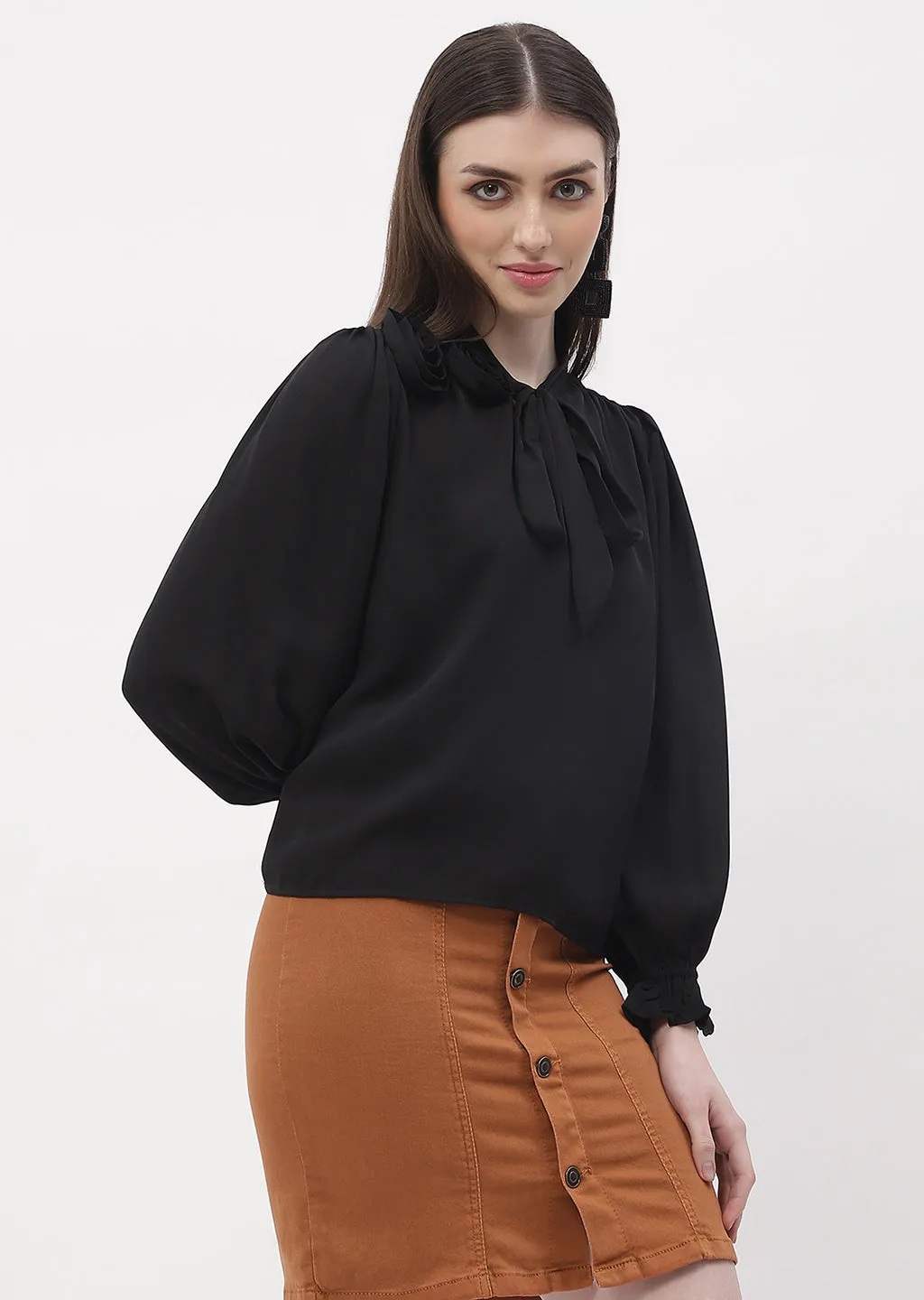 Madame Applique Adorned Black Poet Sleeve Top Jewel tone
