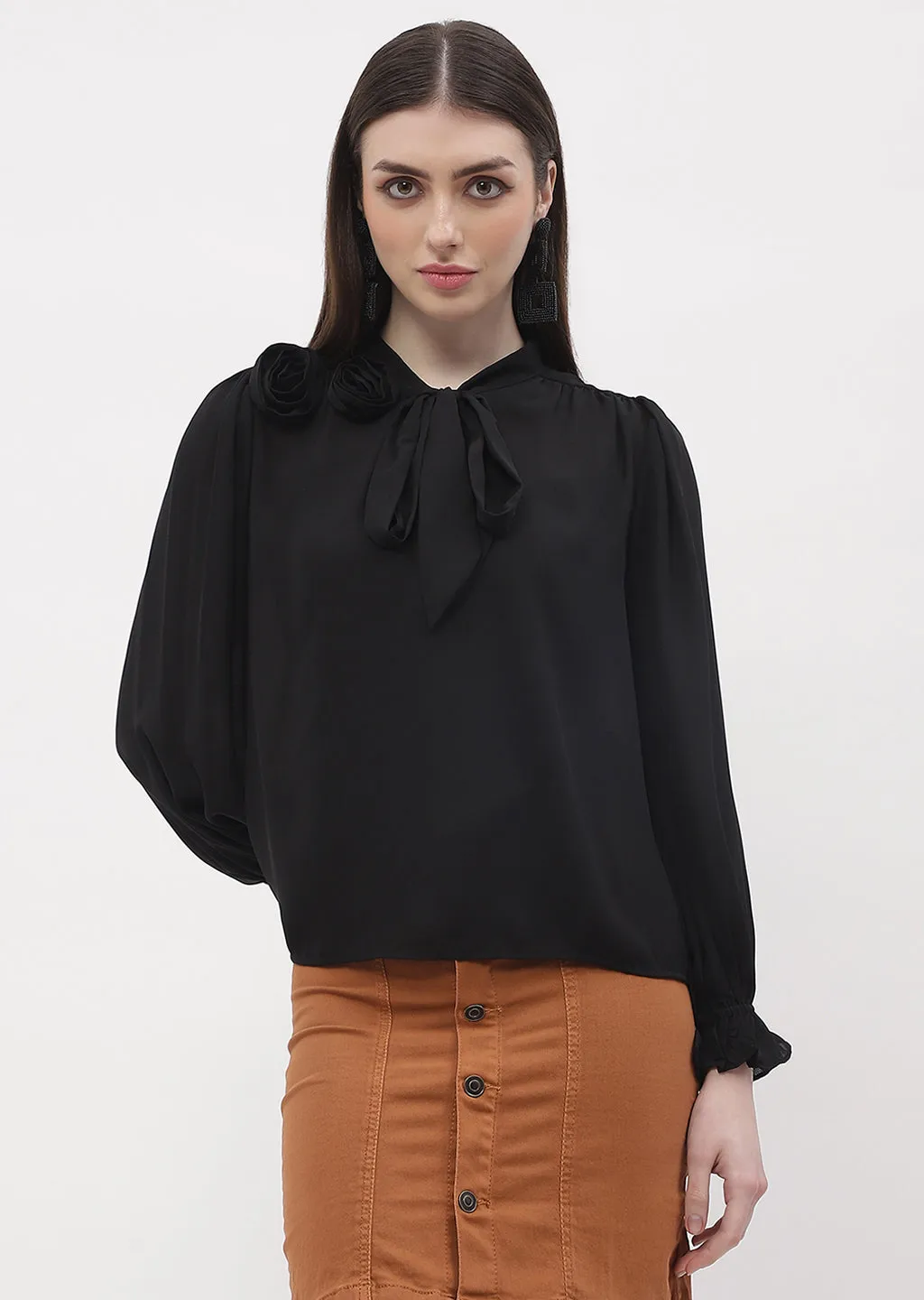 Tencel Blend Fabric Madame Applique Adorned Black Poet Sleeve Top