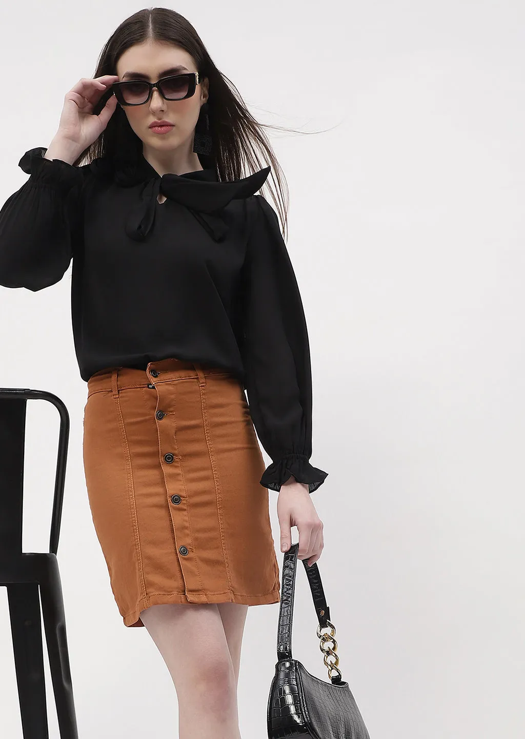 Shoot Mood MultiPocket Design Madame Applique Adorned Black Poet Sleeve Top