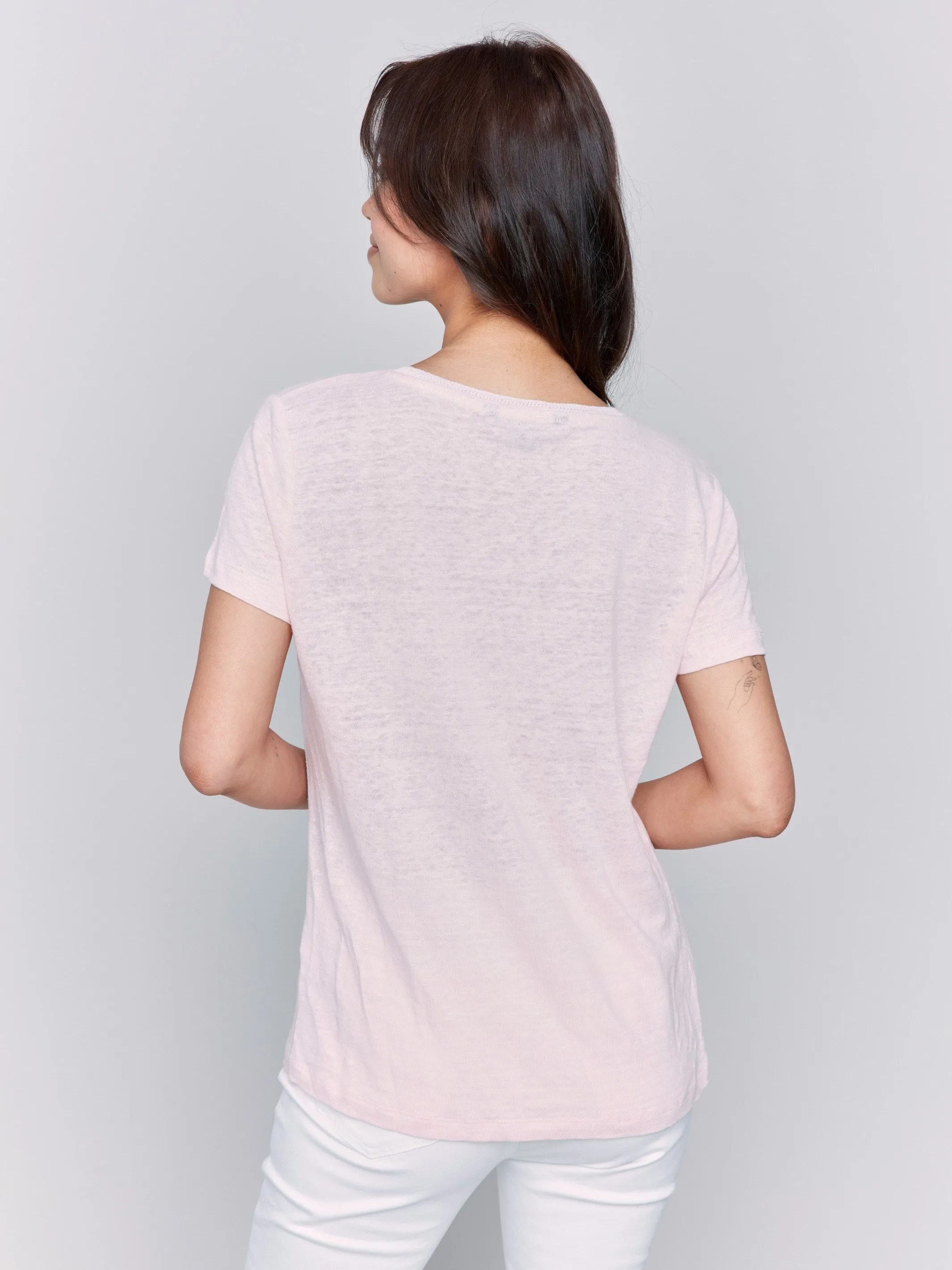 Linen Blend V-Neck T-Shirt - Petal Mind Glow