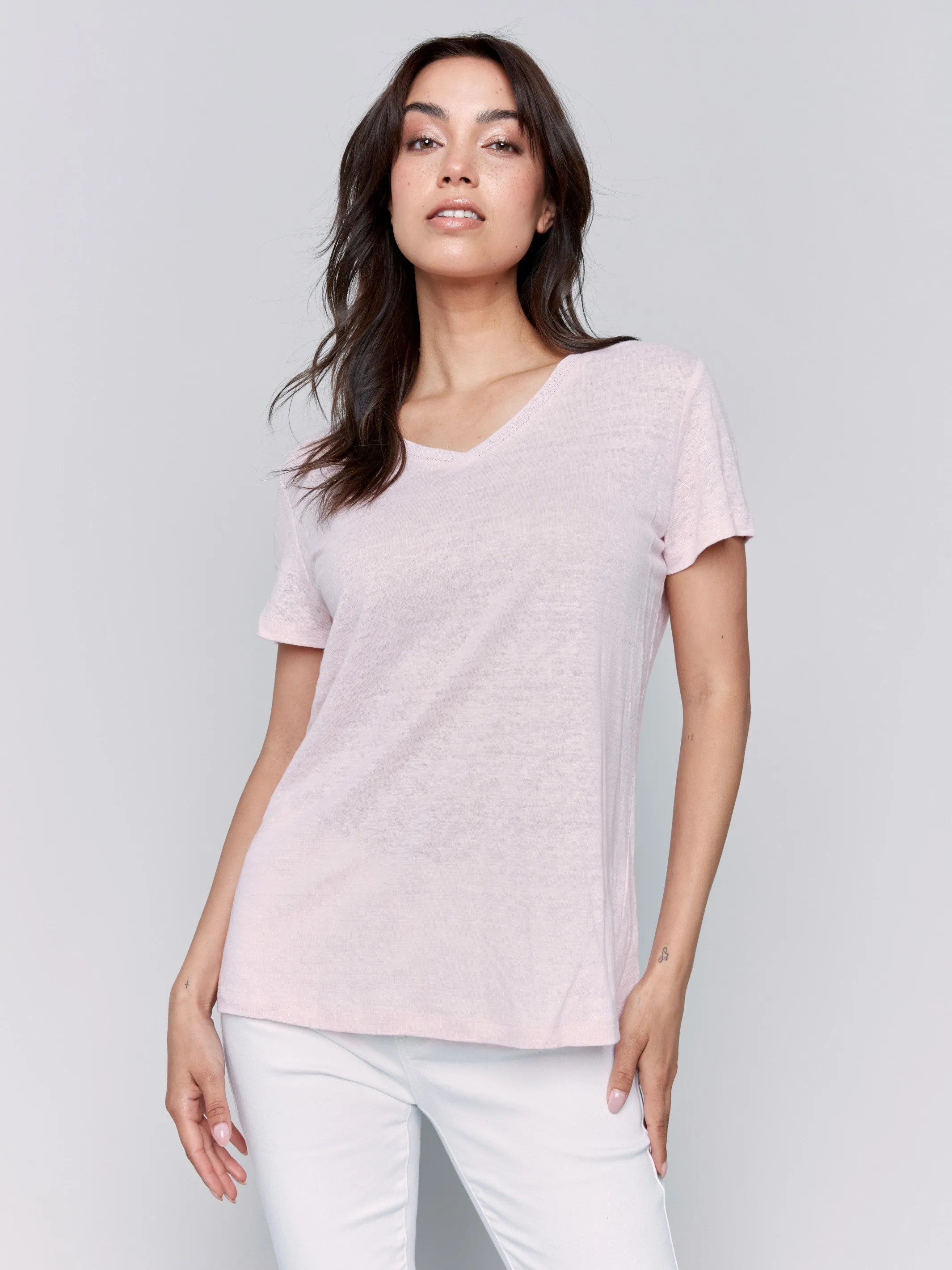 Linen Blend V-Neck T-Shirt - Petal Organic Cotton Certification