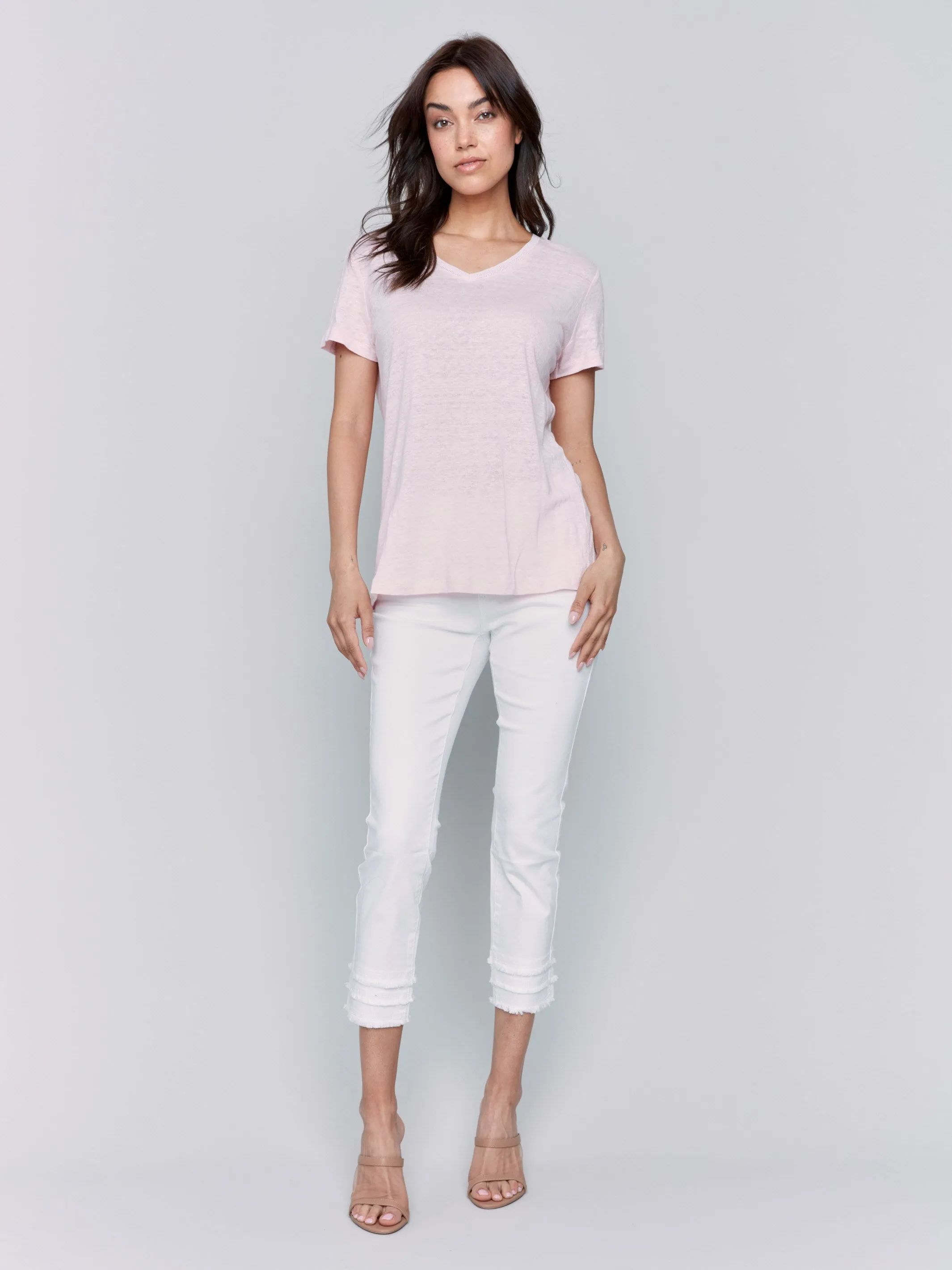 RecycledPolyester Linen Blend V-Neck T-Shirt - Petal