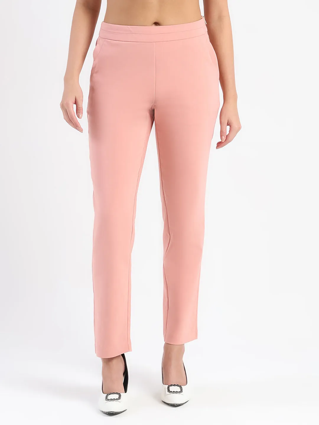 ElasticWaistband Madame High-Waist Cotton Blend Pink Trousers