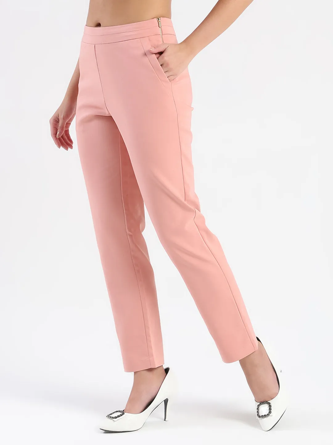 Durable Fabric Madame High-Waist Cotton Blend Pink Trousers