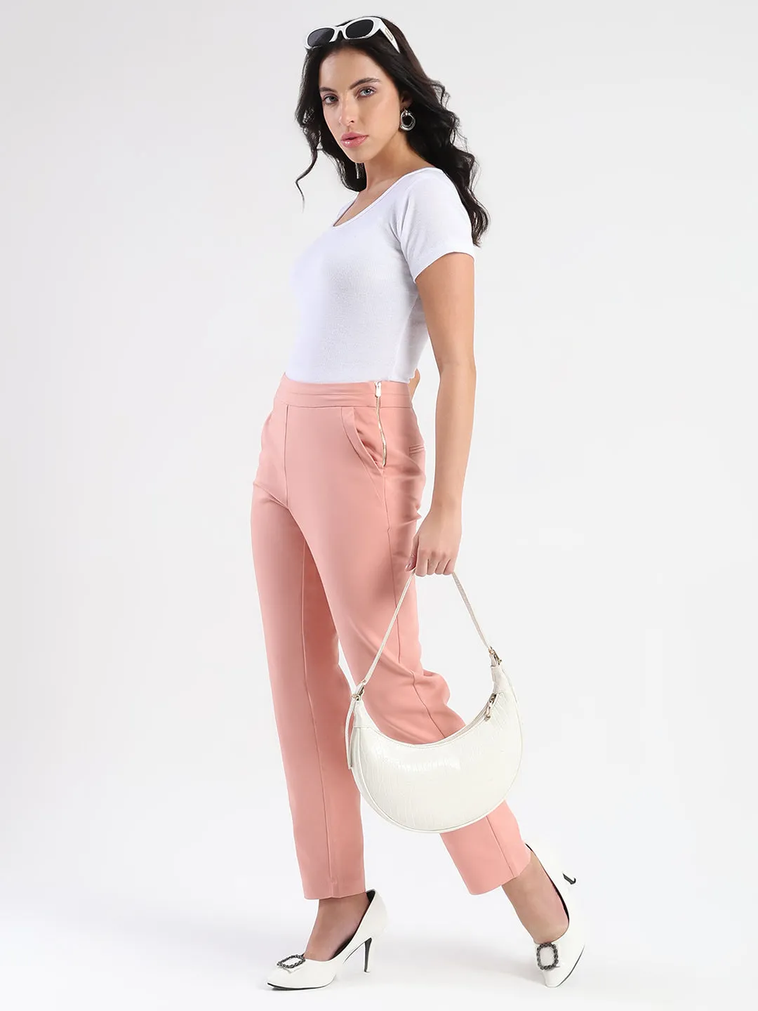 Madame High-Waist Cotton Blend Pink Trousers Low Bulk Design