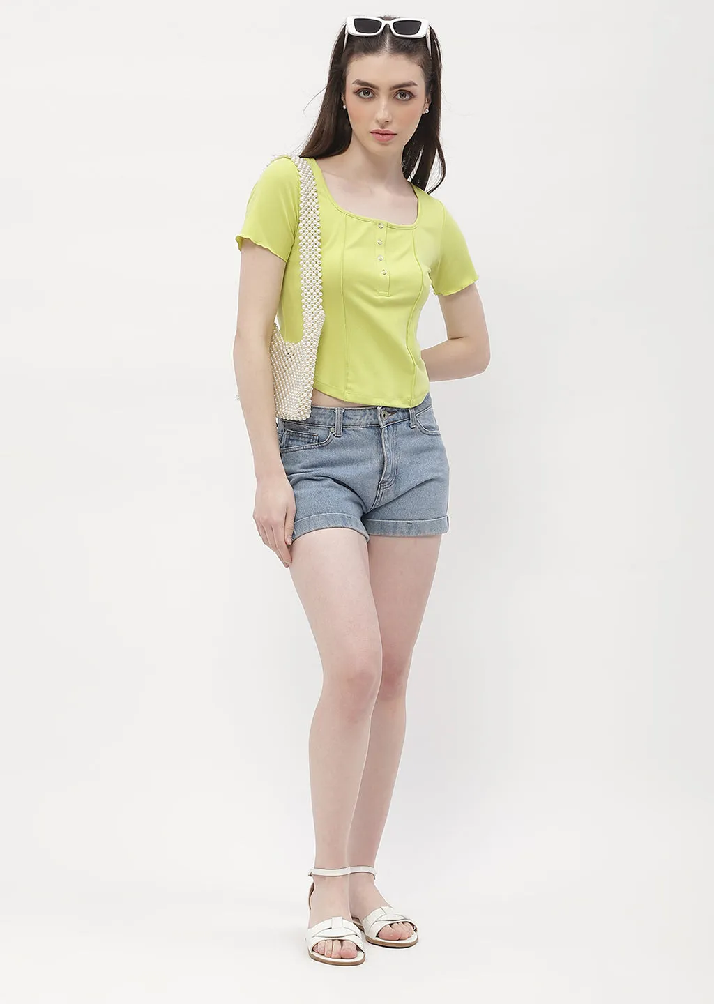 Madame Solid Neon Green Corset Style Top Functional Fashion