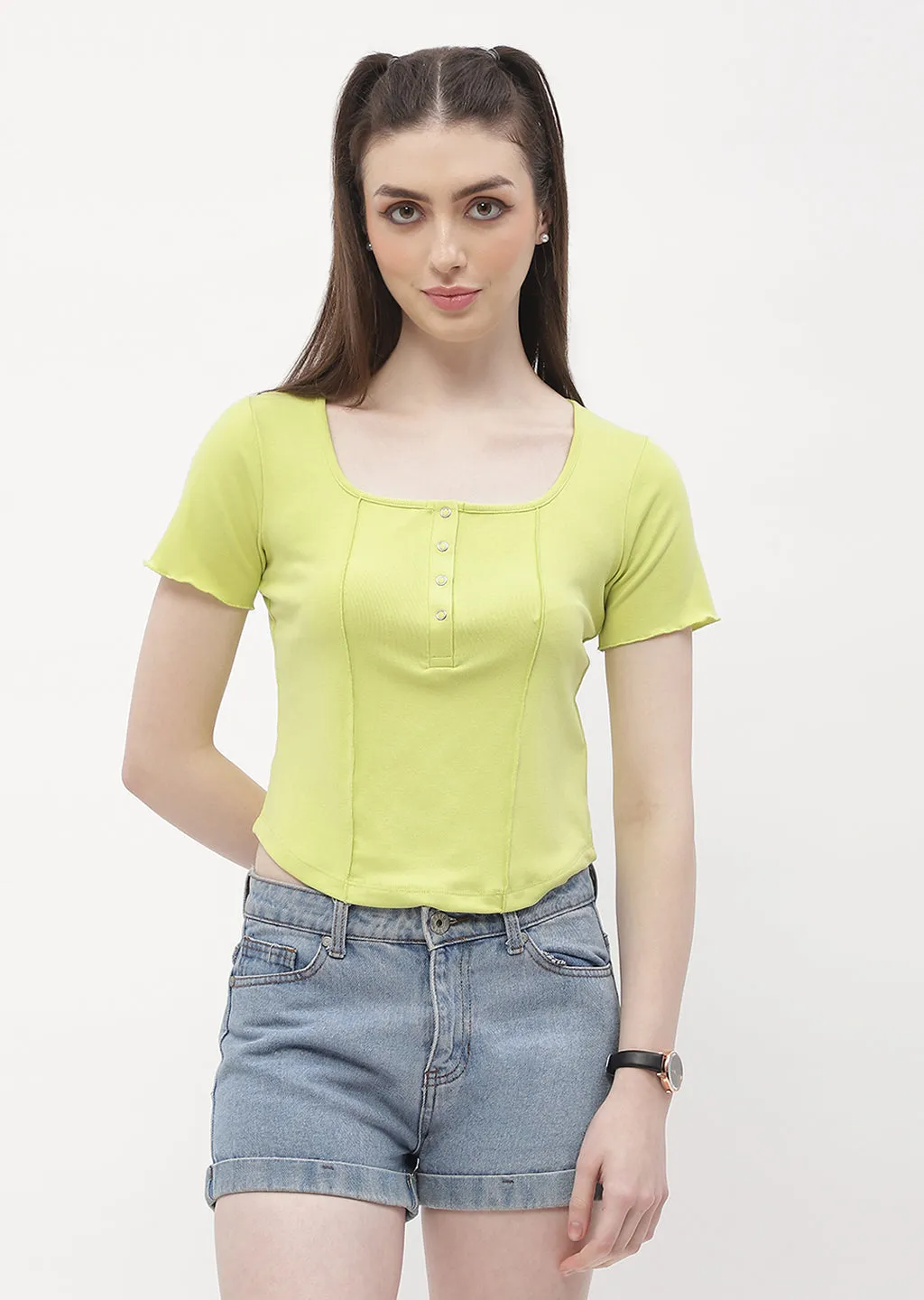 Madame Solid Neon Green Corset Style Top UltraSoftFinish Dense Fit
