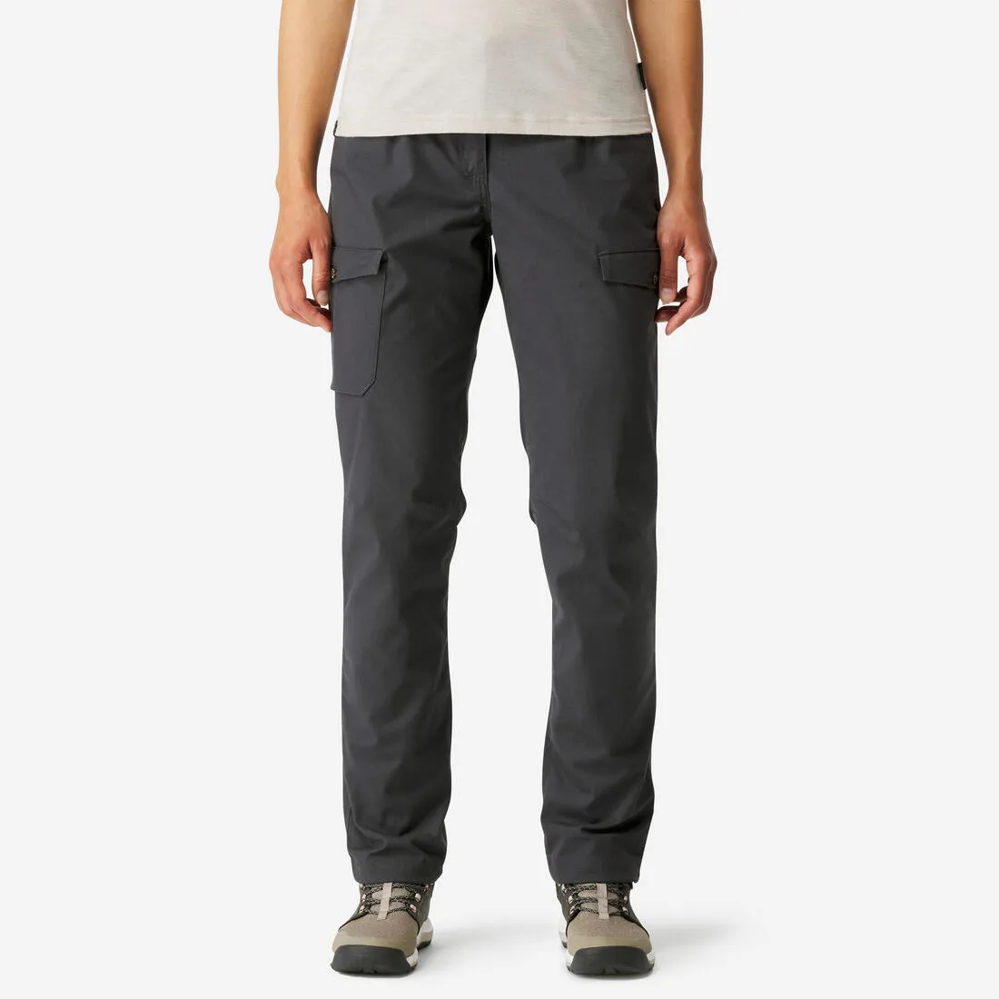 PANTALON CARGO EN COTON DE TREKKING & VOYAGE - TRAVEL 100 - GRIS- FEMME Heat Friendly