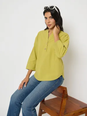 Madame Button Detail Solid Green Cotton Top Hidden pockets