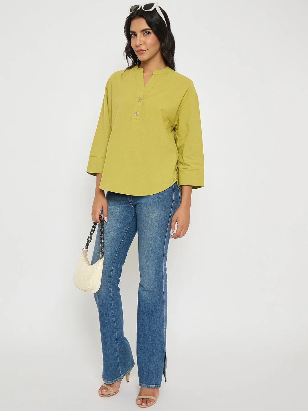Madame Button Detail Solid Green Cotton Top SoftTouch Mom Soft