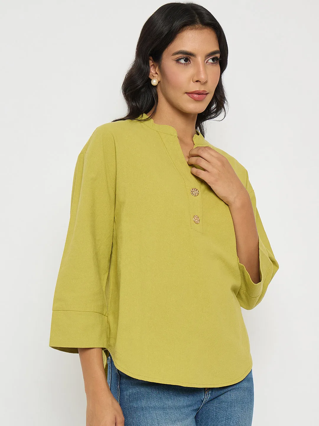 Madame Button Detail Solid Green Cotton Top Cotton Glow Breath Skin