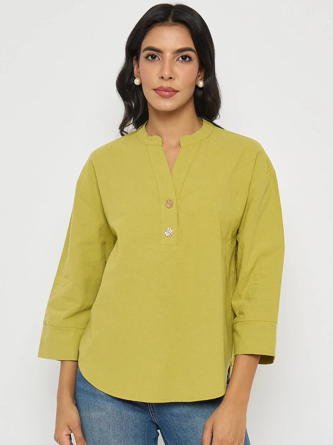 AntiStatic Lining Madame Button Detail Solid Green Cotton Top