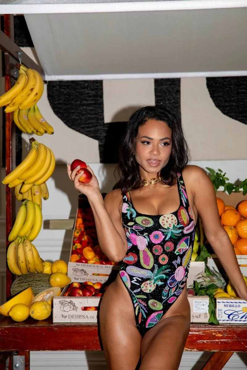 Tropical-Vibes Carmensita Hand-beaded One Piece Swimsuit Black Christina Milian