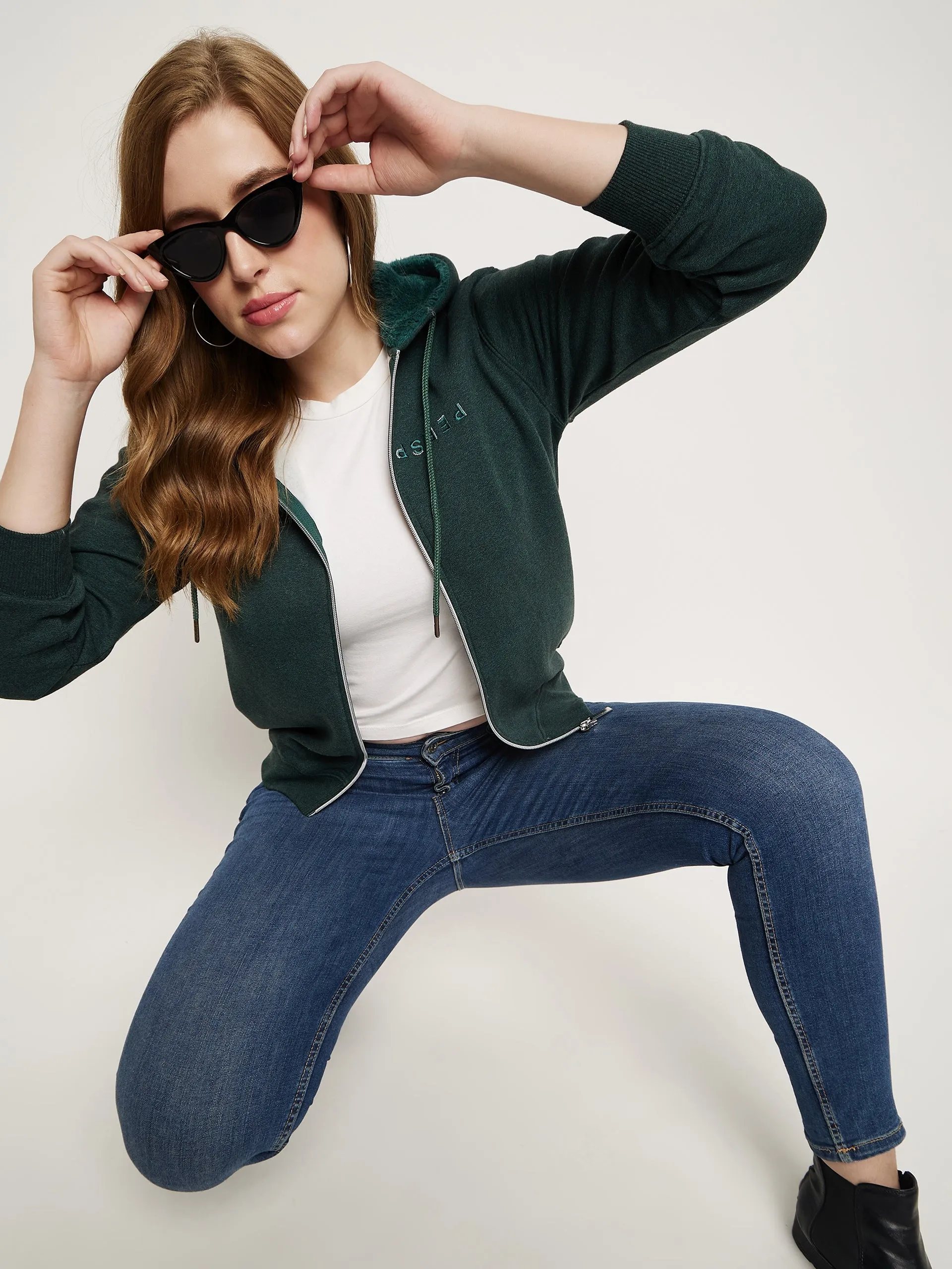 Madame Bottle Green Hood Neck Sweatshirt product rhinestone glamour product beach relaxation vibe