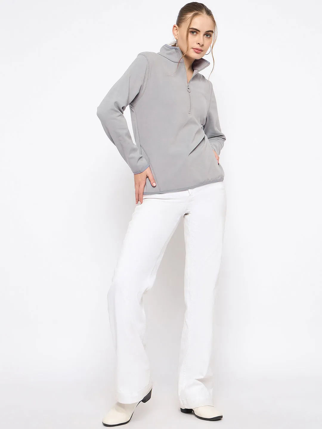 Summer Timeless Look Madame Polar Fleece Half-Zipper Grey Sweatshirt