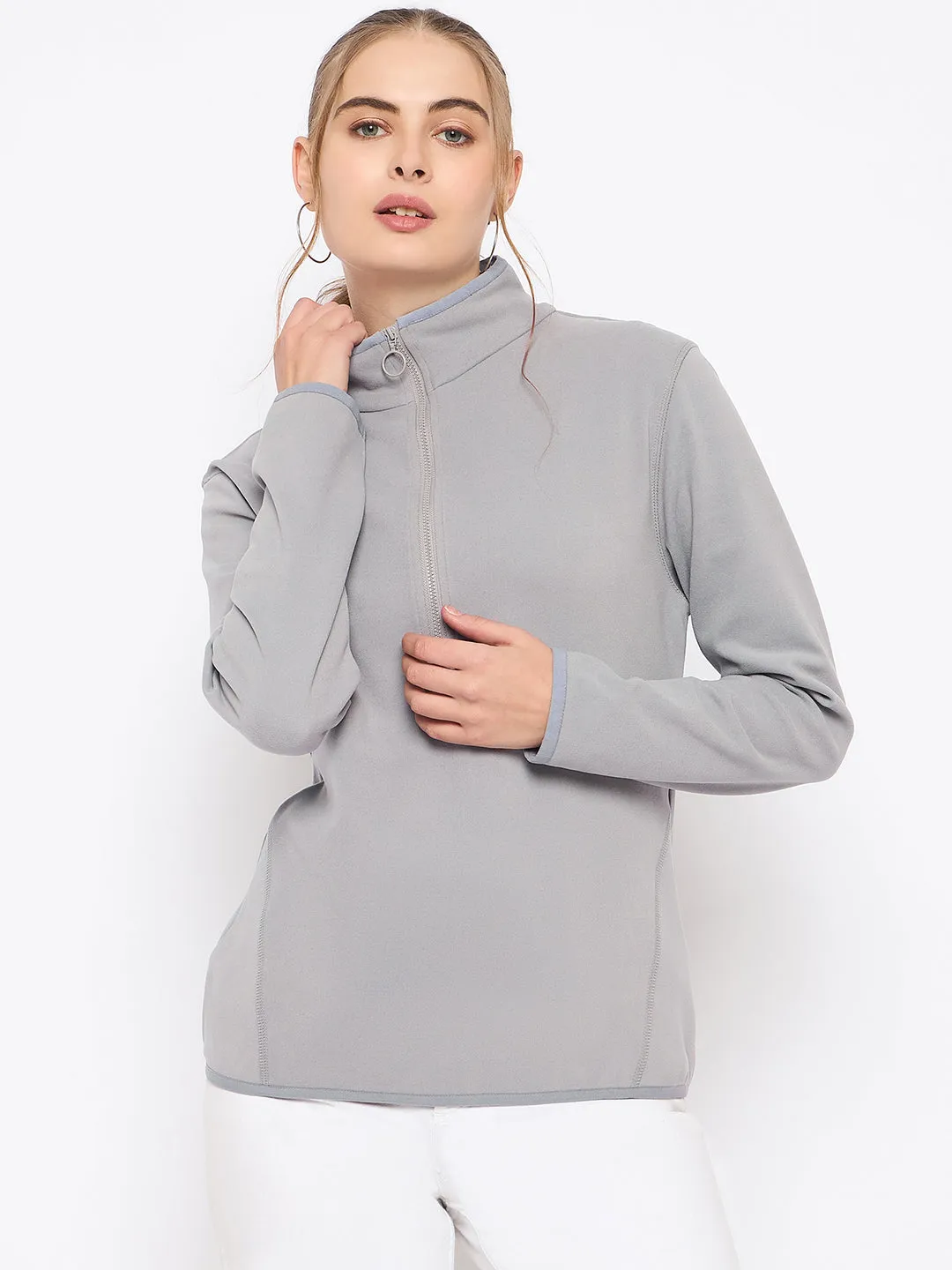 gemstone accents Madame Polar Fleece Half-Zipper Grey Sweatshirt