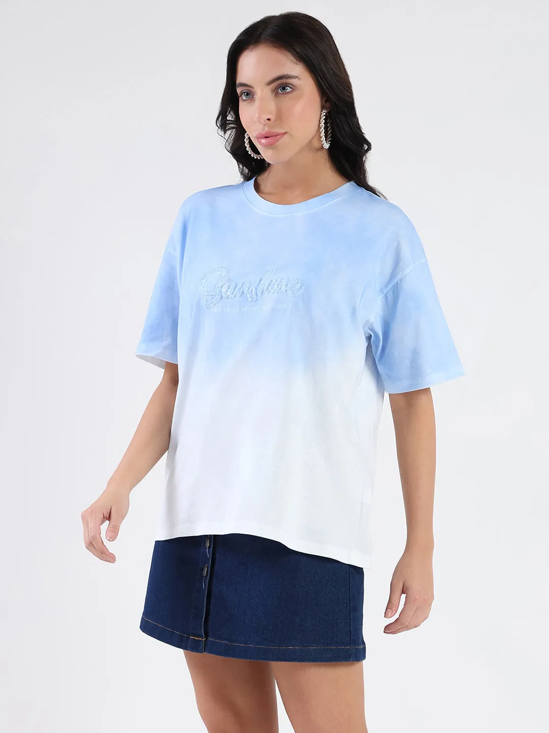 Madame Ombre Loose Fit Sky Blue Oversize Cotton T-shirt TearResistant Fabric Comfy Essentials Wear