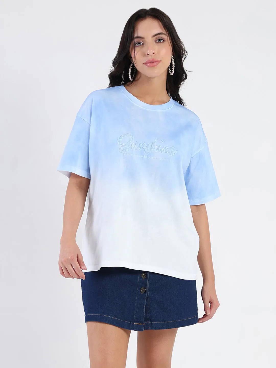 Madame Ombre Loose Fit Sky Blue Oversize Cotton T-shirt Active Look Holiday Style Trend