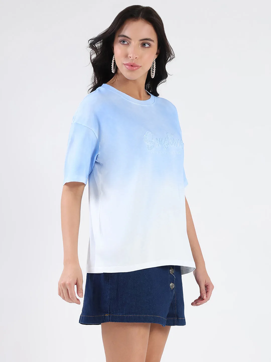 Madame Ombre Loose Fit Sky Blue Oversize Cotton T-shirt Everyday Comfort Style