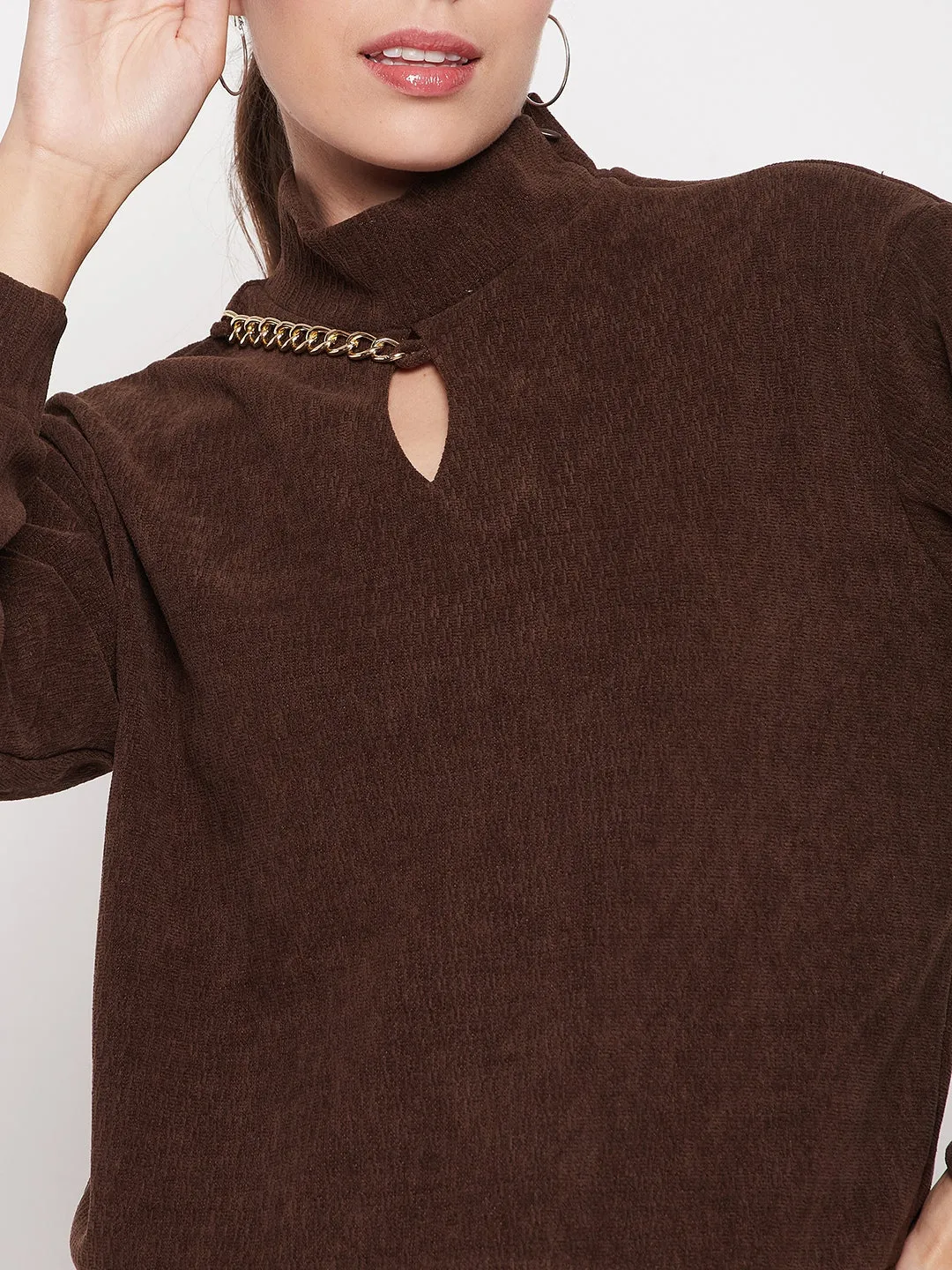 Cozy Outfit Tweed Madame Brown Keyhole Neck Sweater
