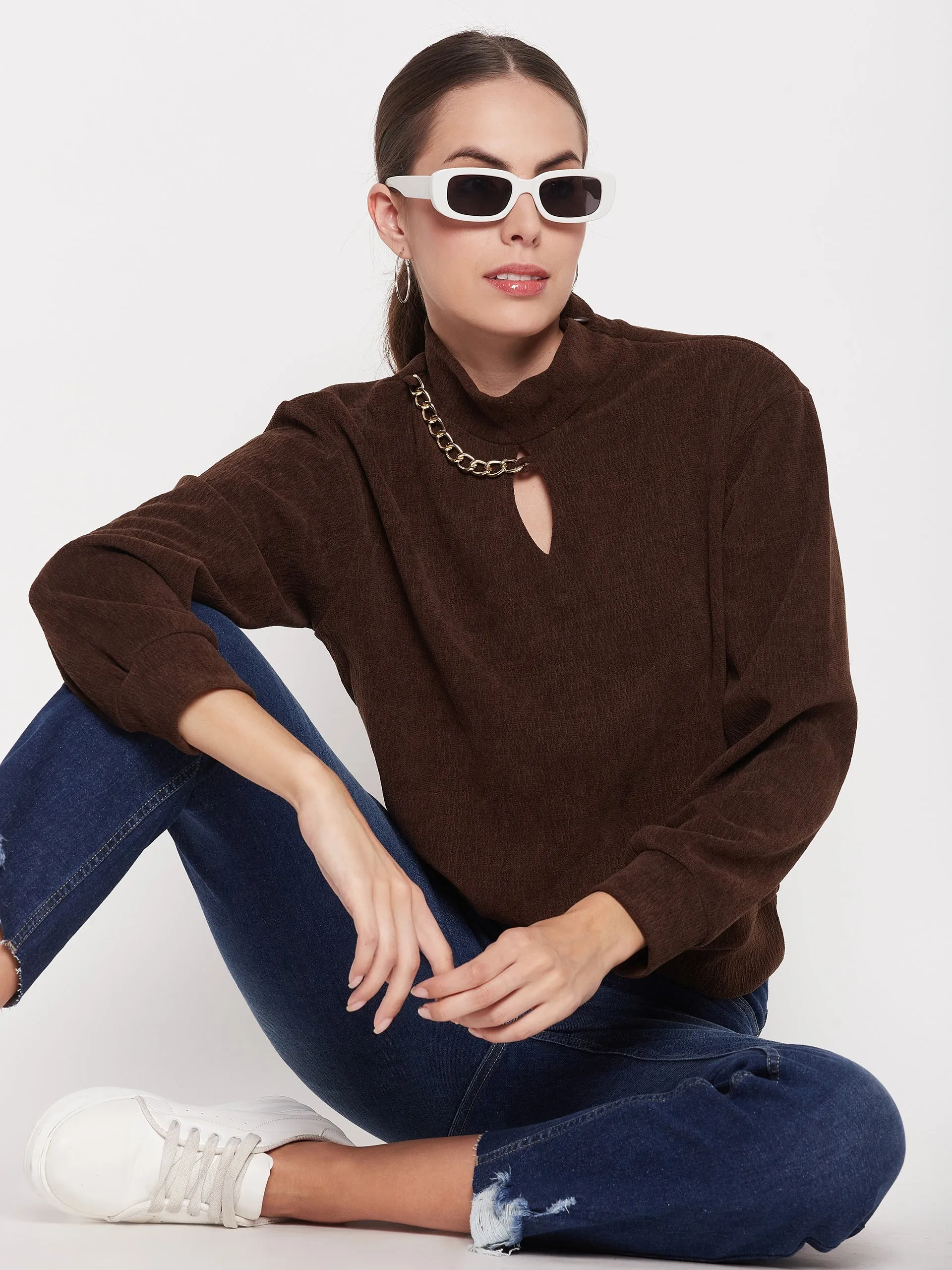 Comfort Apparel Timeless Look Madame Brown Keyhole Neck Sweater